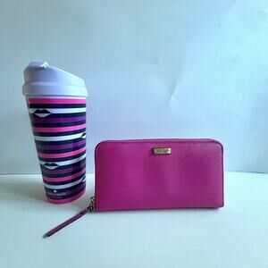 KATE SPADE Vibrant Pink Leather Wallet & Coffee Travel Tumbler